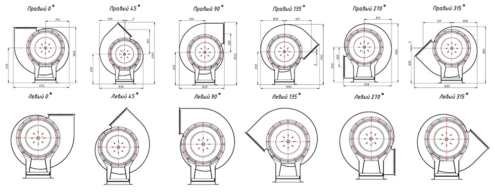 Габаритные и присоединительные размеры радиального вентилятора ВР 80-75 №10 Исполнение 1, зависящие от положения корпуса